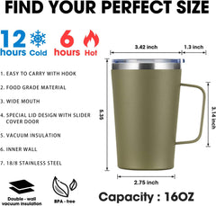 16oz Stainless Steel Travel Coffee Mug Set with Lid & Handle – Double Wall Vacuum Insulated Coffee Cups for Hot & Cold Beverages (Army Green, 2-Pack)