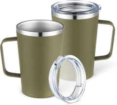 16oz Stainless Steel Travel Coffee Mug Set with Lid & Handle – Double Wall Vacuum Insulated Coffee Cups for Hot & Cold Beverages (Army Green, 2-Pack)