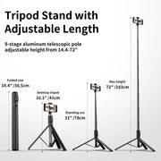 Phone Selfie Stick Tripod with Fill Light | 72-Inch Retractable Tripod Stand with Wireless Remote for Video & Photography | Scalable Selfie Stick with Ring Light for iPhone, Cellphone & Smartphone