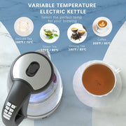 2.0L Glass Electric Kettle – 1200W Variable Temperature Control, 8-Cup Capacity, 4-Hour Keep Warm, Boil-Dry Protection