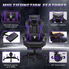 Purple Gaming Chair with Footrest | Reclining High Back Computer Chair for Big & Tall Gamers | Massage Feature Racing Style Office Chair