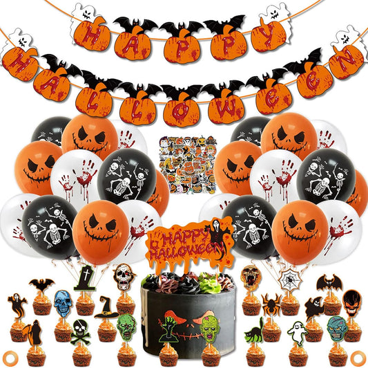 98-Piece Halloween Party Decoration Kit – Pumpkin Theme – Balloons, Cake Toppers, Stickers & More for Kids and Adults – Indoor & Outdoor Decor