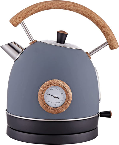 1.7L Retro Electric Kettle – 1500W Stainless Steel Hot Water Boiler with Thermometer, Auto Shut-Off, Boil-Dry Protection, Anti-Scald Wood Handle