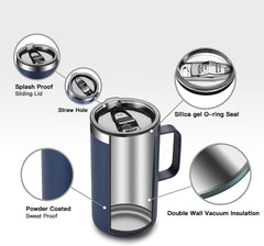 20oz Insulated Stainless Steel Coffee Mug with Lid – Double Wall Vacuum Thermal Tumbler with Handle, Leak-Proof Travel Mug, Navy Blue