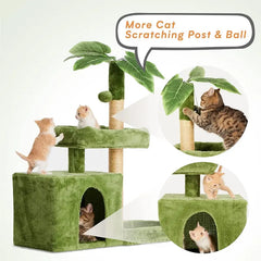 Wecharmer Cat Tree Tower for Indoor Cats | Plush Cat Condo with Green Leaves, Hanging Ball, and Leaf-Shaped Design | Cat Furniture with Scratching Posts