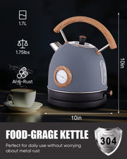 1.7L Retro Electric Kettle – 1500W Stainless Steel Hot Water Boiler with Thermometer, Auto Shut-Off, Boil-Dry Protection, Anti-Scald Wood Handle