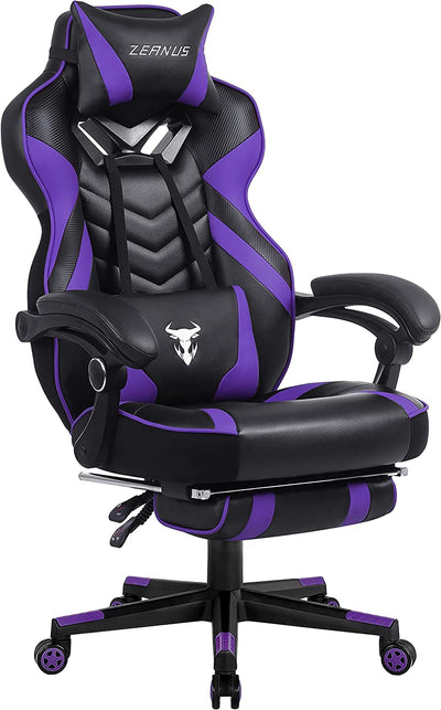 Purple Gaming Chair with Footrest | Reclining High Back Computer Chair for Big & Tall Gamers | Massage Feature Racing Style Office Chair