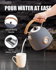 1.7L Retro Electric Kettle – 1500W Stainless Steel Hot Water Boiler with Thermometer, Auto Shut-Off, Boil-Dry Protection, Anti-Scald Wood Handle